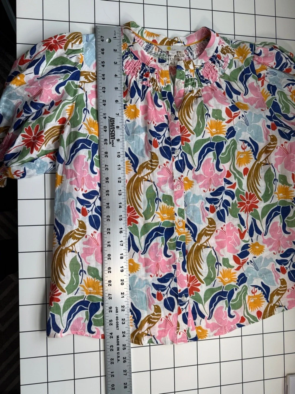 Boden Linen Floral Button-Front Top in Pink, Blue & Brown - Picture 7 of 7